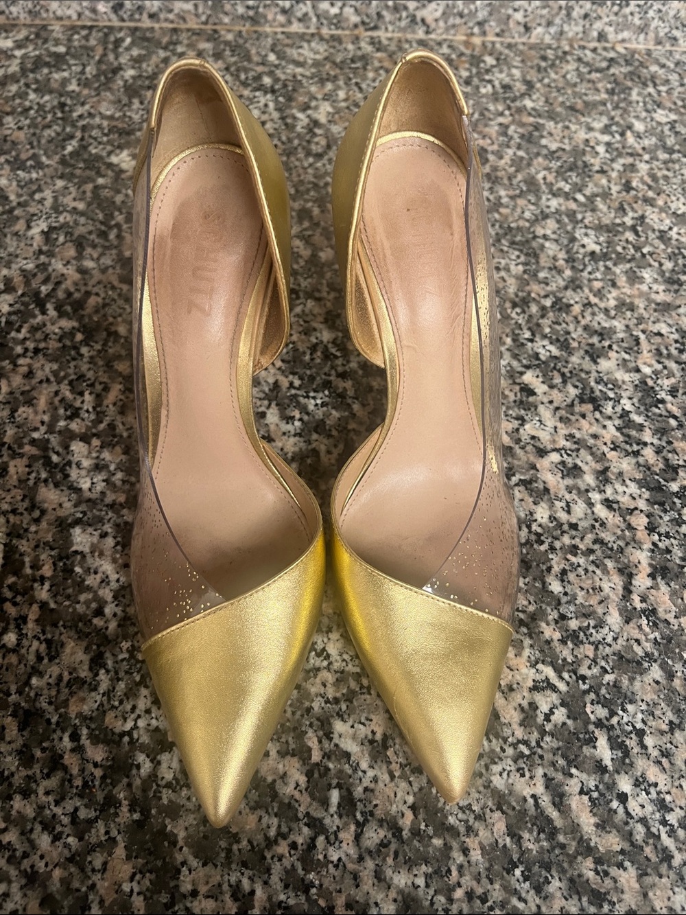 SCHUTZ Gold Pointed-Toe Pumps with Clear Panels